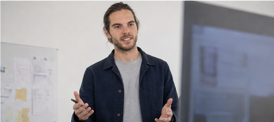 Aurélien Dupont présentant une direction de projet face à un écran